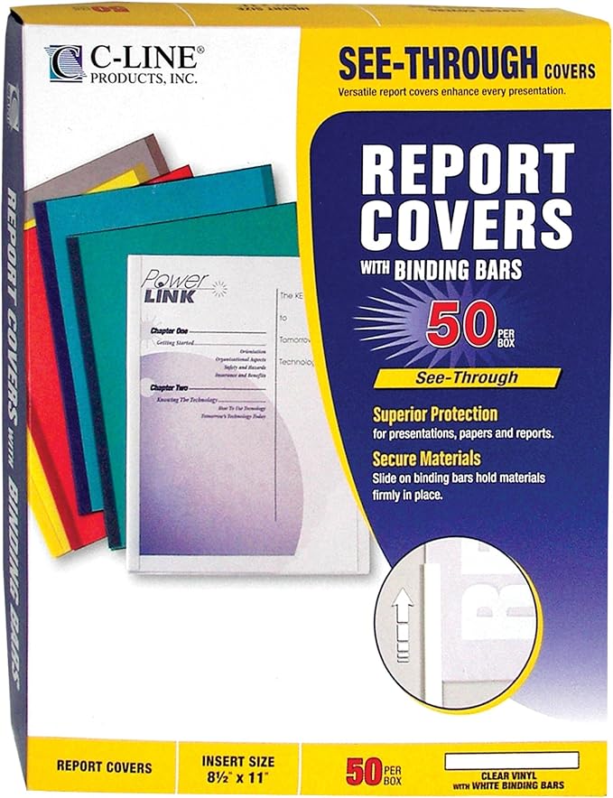 C-Line Report Covers with Binding Bars, Clear Vinyl, White Bars, 8.5 x 11 Inches, 50 per Box (32557)