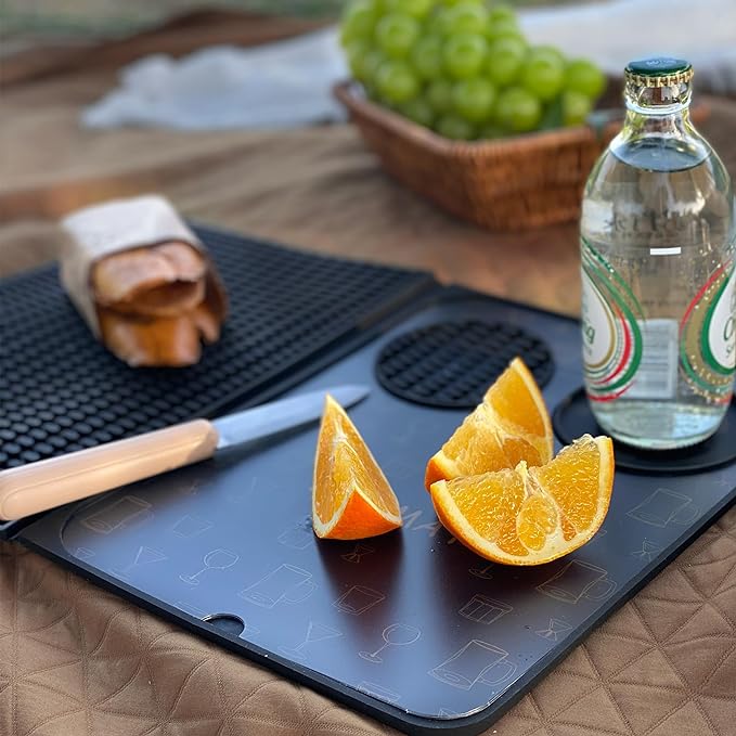 Bar Mat, Bar Accessories, Multifunctional Folding Cocktail Mat with Cutting Board, 18" X 12"(Black) Drying Mats,Bar Mat for Countertop,Bar Decorations for Home, Outdoor Bar Accessories,Travel