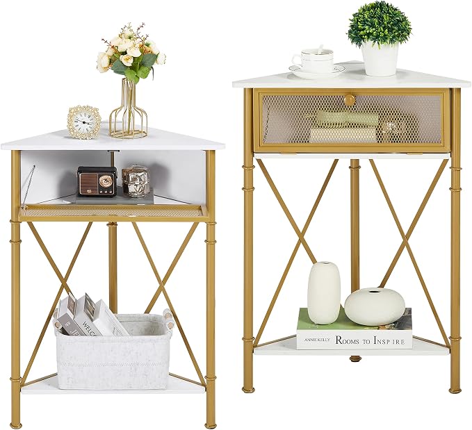 VECELO Cabinet/Table, 3-Tier Display Shelves with Protection Door, Metal Frame Storage Shelf Organizer for Small Space, Living Room, Kitchen, Bathroom, Set of 2, Gold+Black