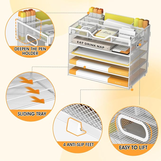 5 Tier Paper Letter Tray Desk Organizer with Pen Holders - White | Features 3 pen holders and 4 removable dividers.Versatile mesh desktop storage for mail, document,office supplie