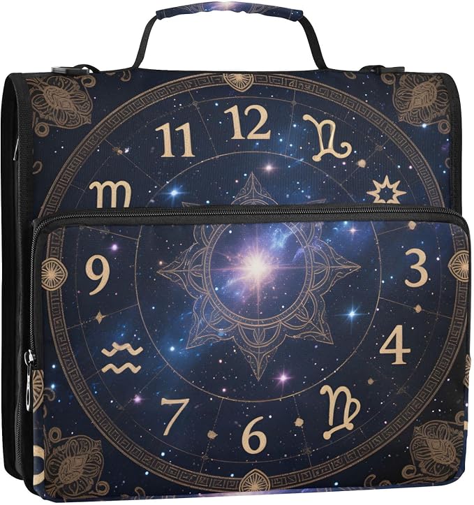 3 Ring Zipper Binder with Shoulder Strap Astrology Sun Time 1.5 inch Binders Keeper Large Capacity Multi Pockets for School Office Supplies