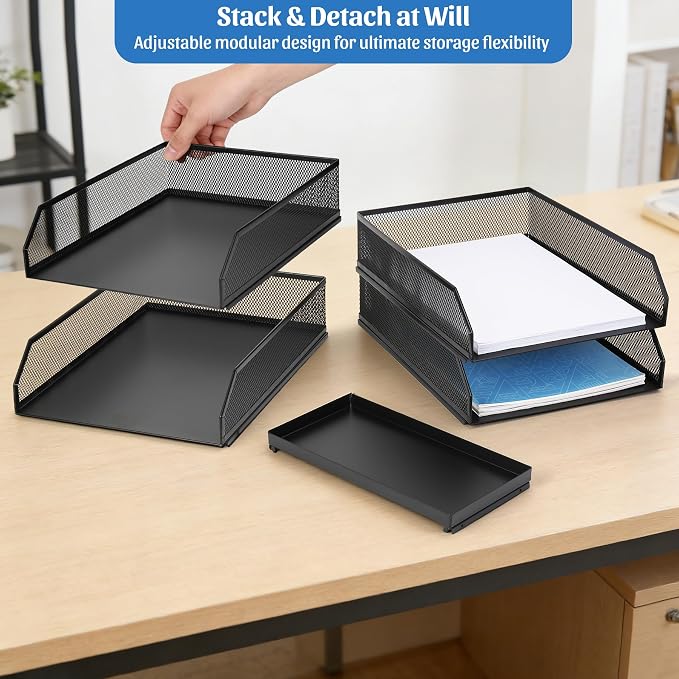4 Tier Paper Tray Organizer for Desk, Stackable Office Organization | Metal Mesh Desk Trays, File Storage, Paper Sorter Organizer for Letter/A4 Office File Folder Holder, Black