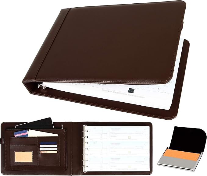 2Fold Business Check Binder 7 Ring for 3-Up Business Size Checks with Extra Business Card Case - PU Leather Deluxe 7 Ring Checkbook Binder Portfolio with 600 Check Capacity and Storage