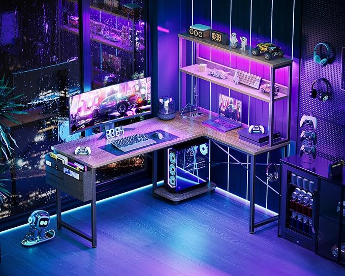 AODK L Shaped Desk Gaming Desk with LED Light & Power Outlet | 53 Inch Grey Oak Reversible L Shaped Computer Table with Shelf & Storage Bag & Hook for Home Office