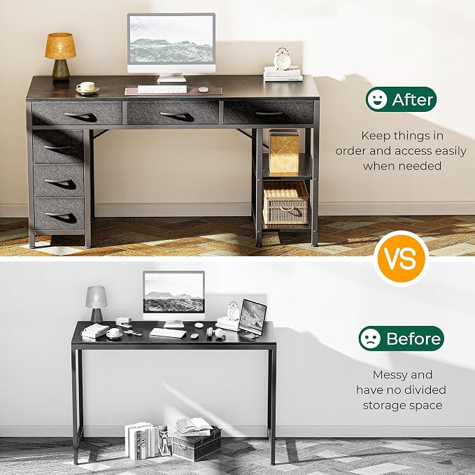Huuger Computer Desk with 6 Drawers, Office Desk with Shelves, Reversible Gaming Desk, Corner Desk with Storage, Work for Home Office, Study, Living Room, 47inch, Black