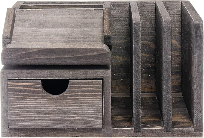 Liry Products Gray Rustic Wood Desk Organizer Storage Cabinet Mail File Paper Sticky Note Memo Pad Folder Office Supplies Caddy Tabletop Holder Accessory Sorter Multiple Compartments with Drawer Home
