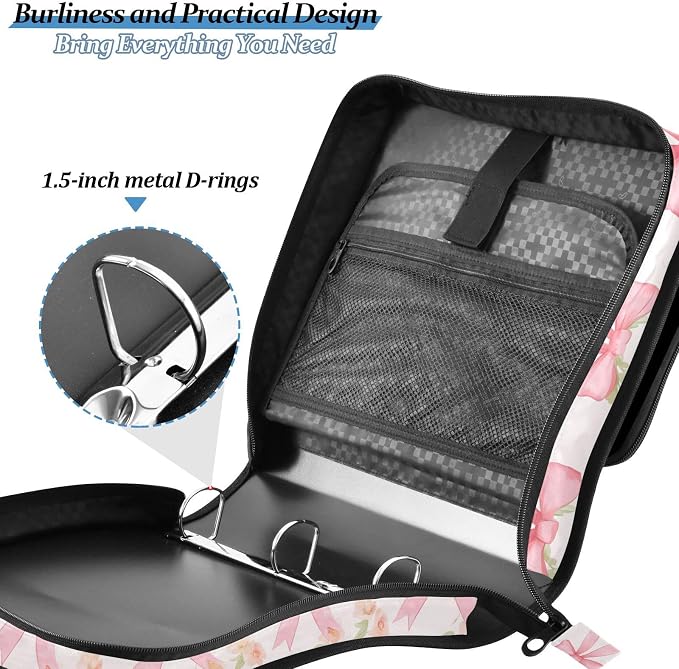 Watercolor Flowers and Pink Bows Zipper Binder with Shoulder Strap Bag 3 Ring Binder Organizer Large Capacity Multiple Compartments for School Office