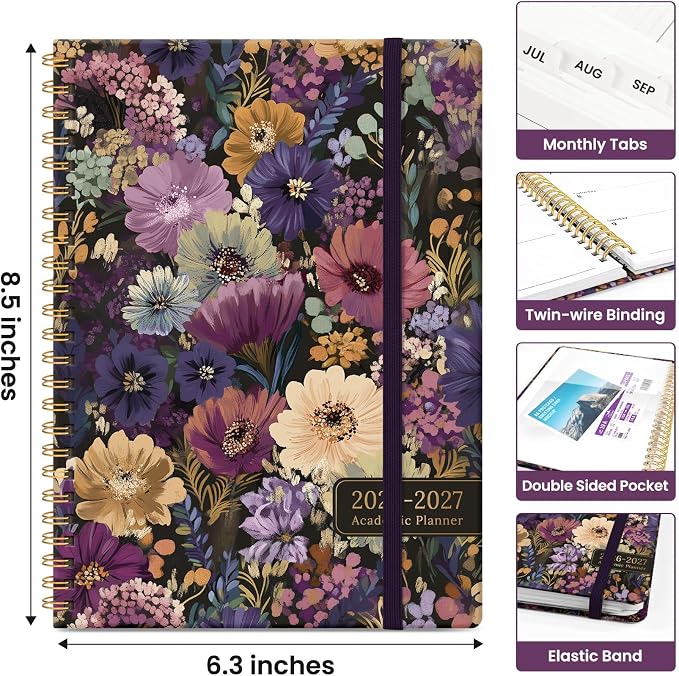 Taja Planner 2026-2027, Jul 2026-Jun 2027 Monthly & Weekly Calendar Planner | 6.3" x 8.5", Hardcover Academic Calendar, Teacher Student Agenda Book with Tabs, School Office Supplies, Midnight Bloom