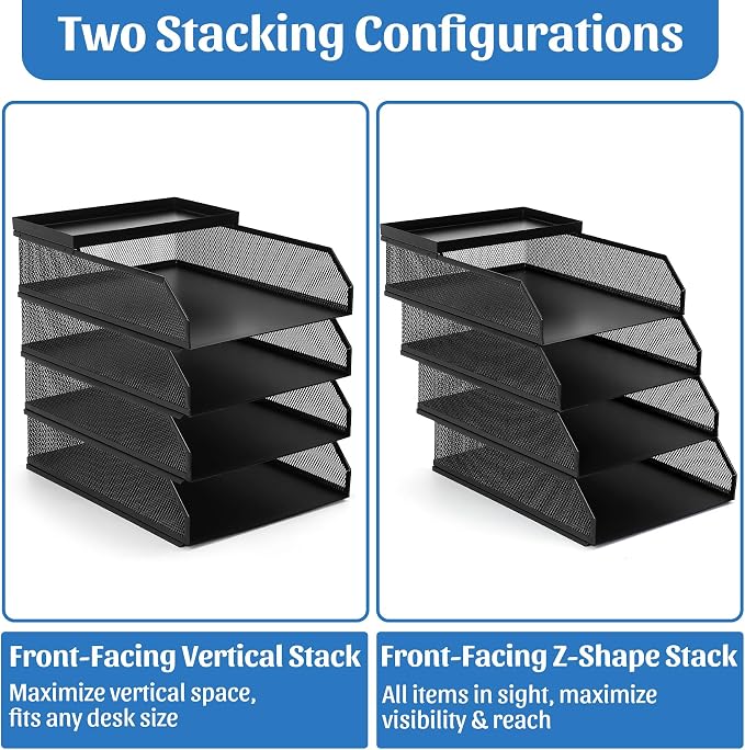 4 Tier Paper Tray Organizer for Desk, Stackable Office Organization | Metal Mesh Desk Trays, File Storage, Paper Sorter Organizer for Letter/A4 Office File Folder Holder, Black