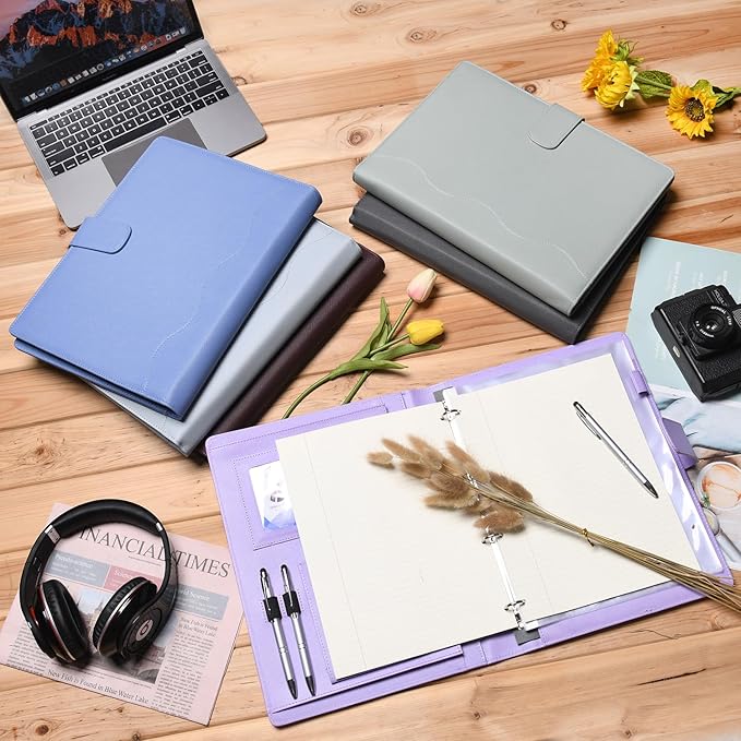Wonderpool A4 PU Leather 3 & 4 Ring Holder Writing Portfolio Multi Document Case with Removable Binder Clipboard and Functional Pocket for Organizer Office Travel School (Grey)