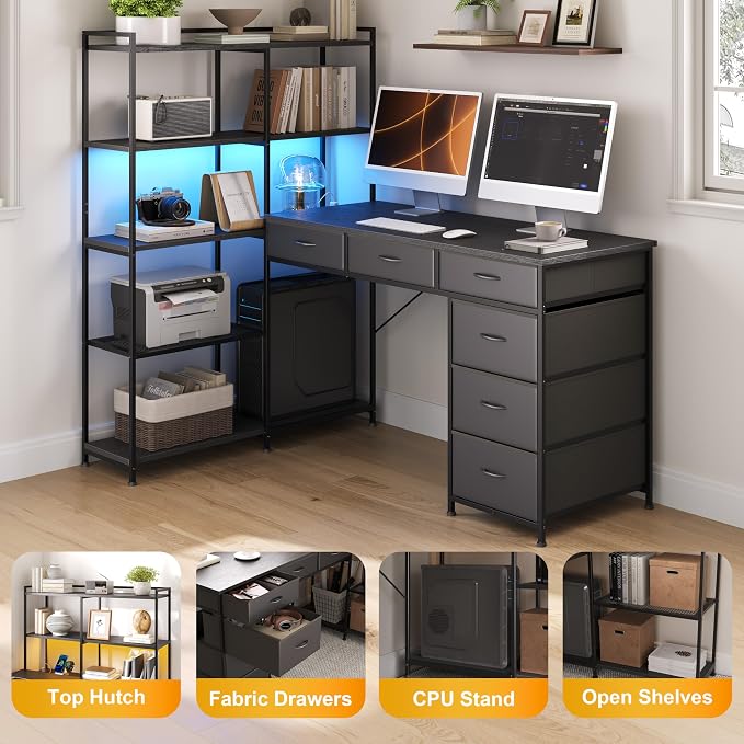 L Shaped Gaming Desk with Power Outlet & RGB Lights, Corner Computer Desk with 6 Drawers 5-Tier Shelves, PC Workstation with USB/Type-c Charging for Home Office, Black