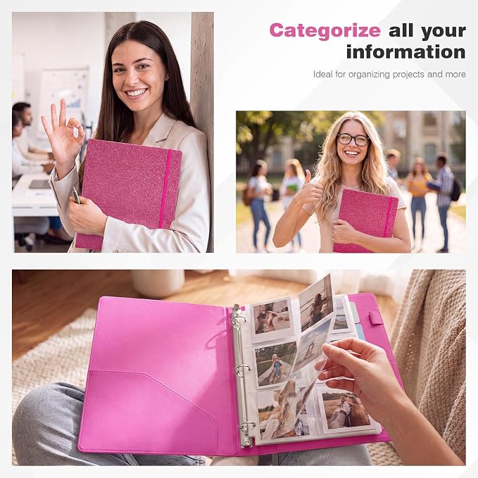 Ospelelf Vintage Hardcover 3 Ring 1 inch Leather Binder, Professional Binder Organizer Suitable for Letter Size, Binder Dividers with Tabs, Glitter Rose Pink
