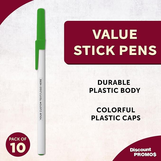 DISCOUNT PROMOS Custom Value Stick Pens Set of 10, Personalized Bulk Pack - Black Ink, Great for Office, School, Business, Tradeshows, Events - Green