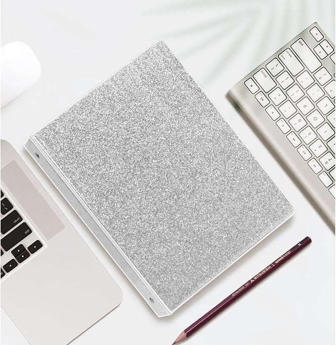 NatureTouch 3 Ring Binder, Glitter 1 Inch Organizer (10.5'' x 11.5'') Holds 8.5’’ x 11’’ Letter Size 300 Pages, Waterproof Durable View Binder, 1 Pack, Silver
