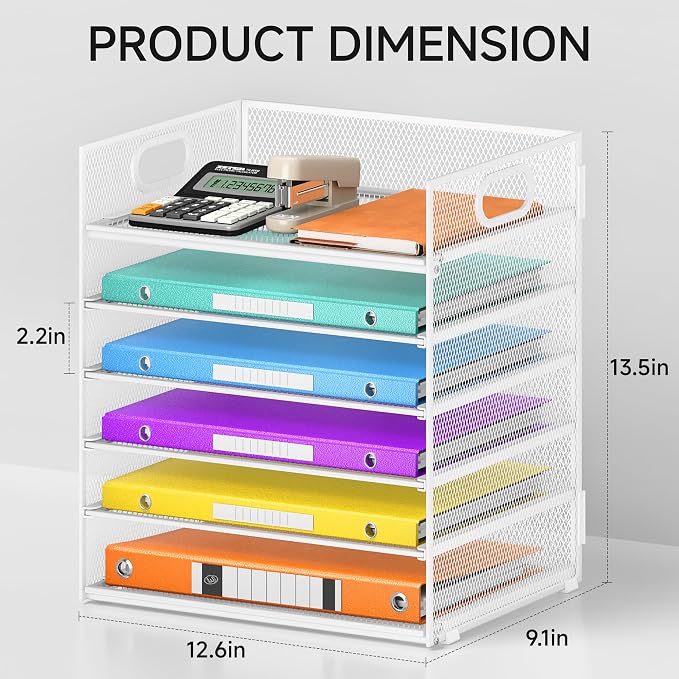 6 Tray Paper Organizer Letter Tray with Handle - Mesh Desk File Organizer, Paper Sorter Organizer for Office, Home or School File Folder Holder - White