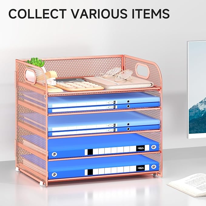 Paper Organizer Letter Tray with Handle Mesh 5 Trays | Desk File Organizer Paper Sorter Desk Organizer for Office, Home or School-Rose Gold