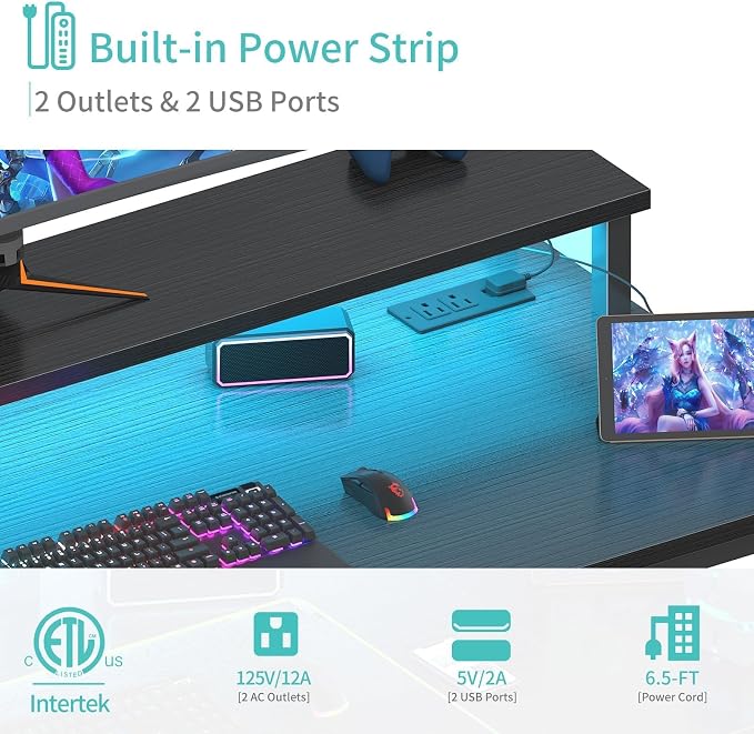Lufeiya Black Gaming Desk with LED Lights and Power Outlets, 40 Inch Teen Writing Study Table Home Office Desks with Monitor Stand, Computer Desk with Charging Station USB Port, Black