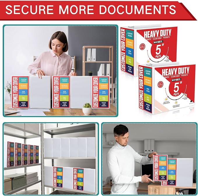 Sinload 6 Pcs 3 Ring Binder, Large Capacity D Ring Binders with Pockets, 8.5" x 11" Presentation Folder View Binder with Customizable Clear Cover for Documents Files Projects (White,5 Inch)