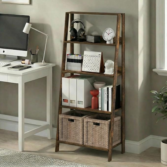 Furinno Ladder 5-Tier Book Shelf, Leaning Standing Shelf, Amber Pine | 13 x 23.6 x 53.5, Open Frame Design Bookshelf, Display Storage Shelves, for Living Room, Home Office