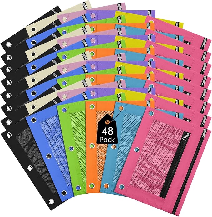 Leelosp 48 Pack Pencil Pouch for 3 Ring Binder,Vivid Colors | Bulk Mesh Zipper Binder Pouches Pencil Boxes for Classroom Pencils Case Bags for Storing School Students Teacher Supplies