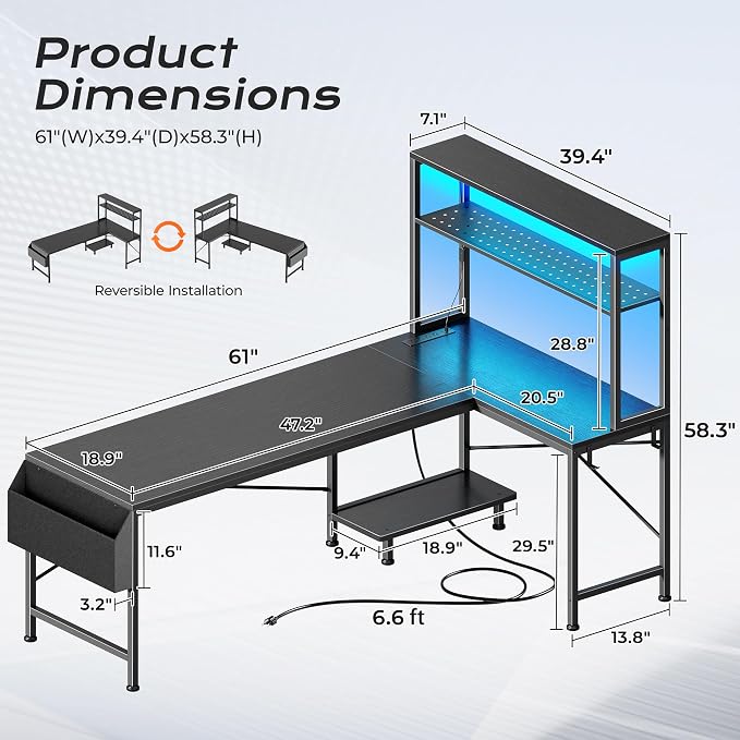L Shaped Gaming Desk with LED Lights & Power Outlets | Reversible Computer Desk with Storage Shelves & Bag, Large Corner Home Office Desk with Pegboard for Work from Home, Black