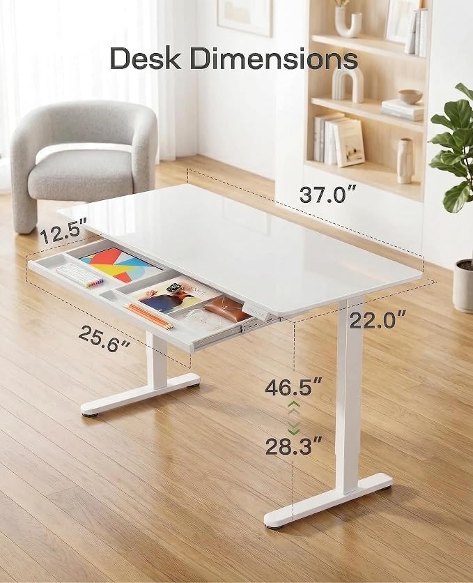 Marsail 37 x 22 inch Glass Standing Desk with 4-Zone Drawer Storage, 3 Pack | 28.3–46.5 Inch Height Range, One-piece Glass top, Sit Stand Design, White finish, Compact Desk for Computer & Home Office
