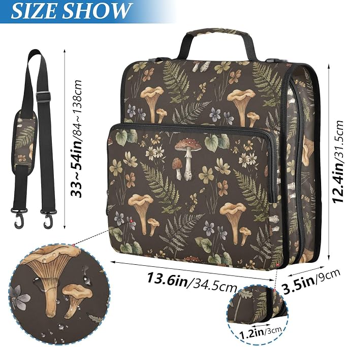 Mushrooms Flowers Brown Print Zipper Binder Bag 3 Ring with Shoulder Strap & Handle Multi Pocket Binder Organizer Bag Large Capacity for School Office Supplies