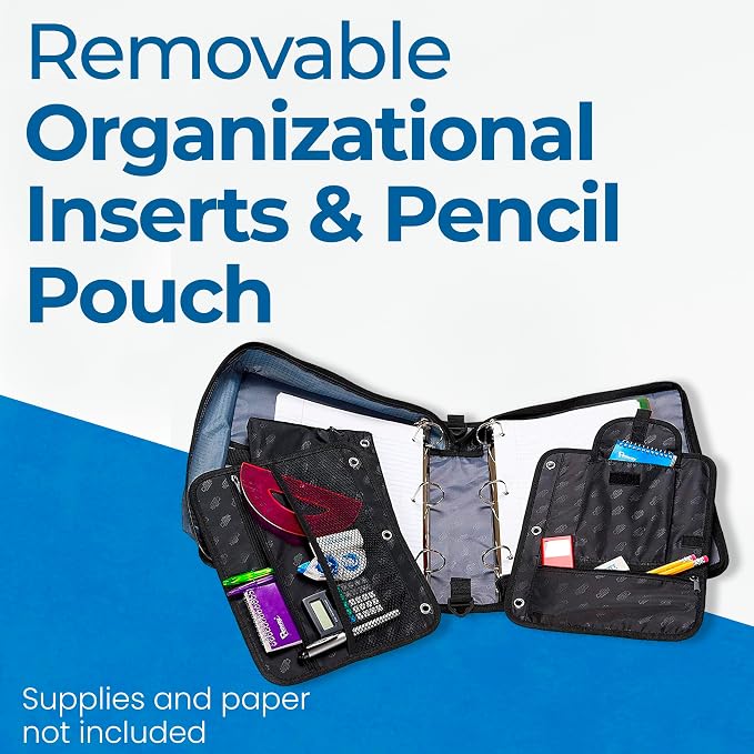 Case-it The Dual 2-in-1 Zipper Binder - Two 1.5 Inch D-Rings - Includes Pencil Pouch - Multiple Pockets - 600 Sheet Capacity - Comes with Shoulder Strap - Jet Black Dual-101 | Dual 2-in-1, Pencil Pouch, Multiple Pockets, School & Office Organizer, Shou...