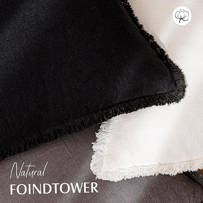 Foindtower Set of 2 Decorative Linen Fringe Throw Pillow Covers Cozy Boho Farmhouse Cushion Cover with Tassels Soft Accent Pillowcase for Couch Chair Sofa Bed Living Room Home Decor,18×18 Inch,Black