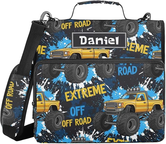 Custom Truck Black Blue Pattern 3 Ring Zipper Binder with Shoulder Strap & Handle 1.5 Inch D-Ring Zippered Bag with Multiple Pocket, Personalized Binder Organizer for School or Office