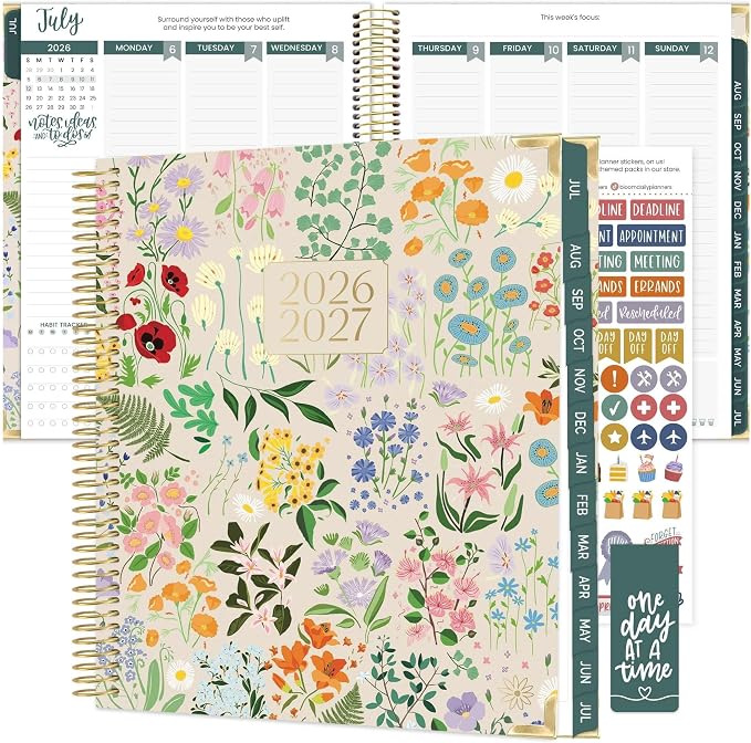 bloom daily planners 2026-2027 Hardcover Academic Year Goal & Vision Planner (July 2026 - July 2027) - 13 Months Agenda - Monthly & Weekly Calendar Organizer - 7.5" x 9" - Garden Party, Beige