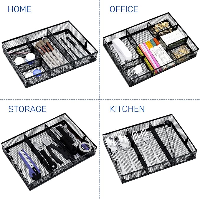 Neudeco Desk Drawer Organizer, 4 Pack Metal Mesh, Black | Adjustable Dividers, Stackable, Pen Organizer, Office Supplies Organizer