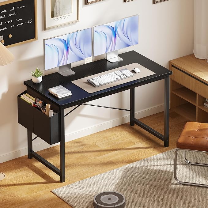 OLIXIS Computer Desk, 47 Inch Gaming Desks for Home Office Small Spaces | Writing Study Craft Work Table, Computer Workstation for Bedroom with Storage Bag, Black