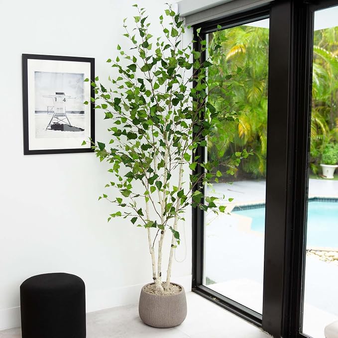 Nearly Natural 7 ft Artificial Birch Tree with Real Touch Leaves | Nature-Inspired Design, Light-Hued Bark, Nursery Planter Included, Realistic Home and Office Decor