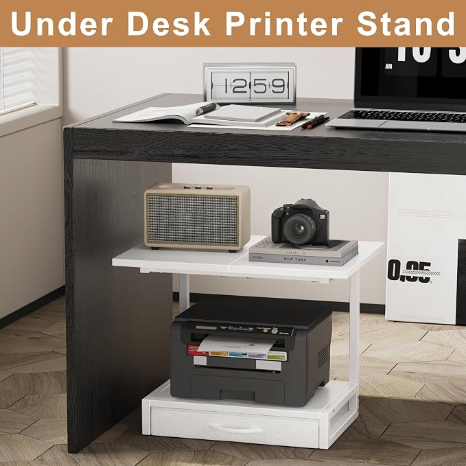 YAOHUOO 2-Tier Desktop Printer Stand with Fabric Drawer,19.6"x14.9" White | Printer Table with Storage Shelf,Desk Organizer for Home Office,Fit Printer,Fax Machine,Scanner,Space Saving for Two Monitors