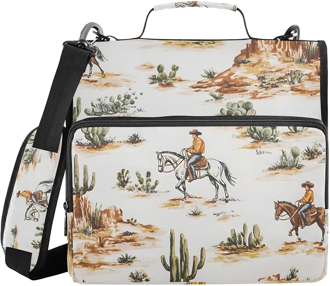 3 D-Ring Zipper Binder Bag, Western Cowboy Horse Cactus Removable Binder with Zipper Case Hold 300+ Sheets& 13 Inch Laptop for School Office Supplies Organizer