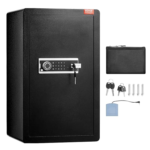 VEVOR Single Door 4.0 cu.ft Safe Box with Key Lock & Password, Safe Lock Box with Fireproof Bag, Key Rack, LED Light, 2 Shelves, and 1 Cabinet for Money, Documents, Jewelry, and Valuables, Black
