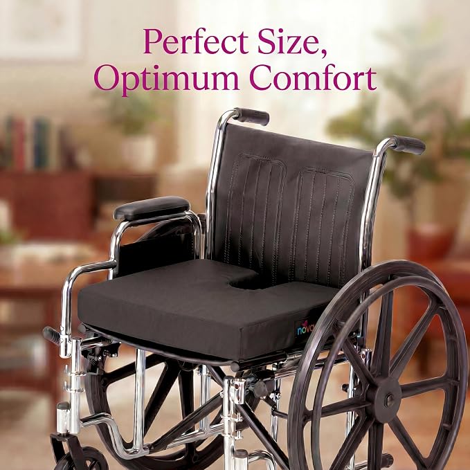 NOVA Medical Products Coccyx Gel Memory Foam Seat & Wheelchair Cushion in 4 Sizes, Comfortable on the Tailbone Cushion with Removable Water Resistant Cover, 3” Thick Gel Memory Foam Seat Pad with Attachment Straps, Black, 3" x 18" x 16" (2603C-3-1816)