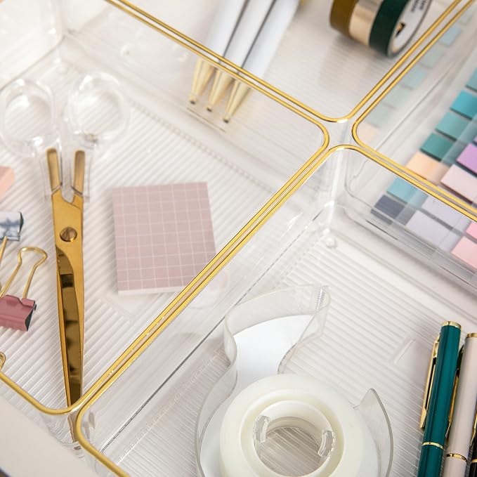 Martha Stewart Kerry Stackable Desk Drawer Organizers, Clear/Gold, 4-Pack | 6x6 in Organizers, Gold Trim, Stackable