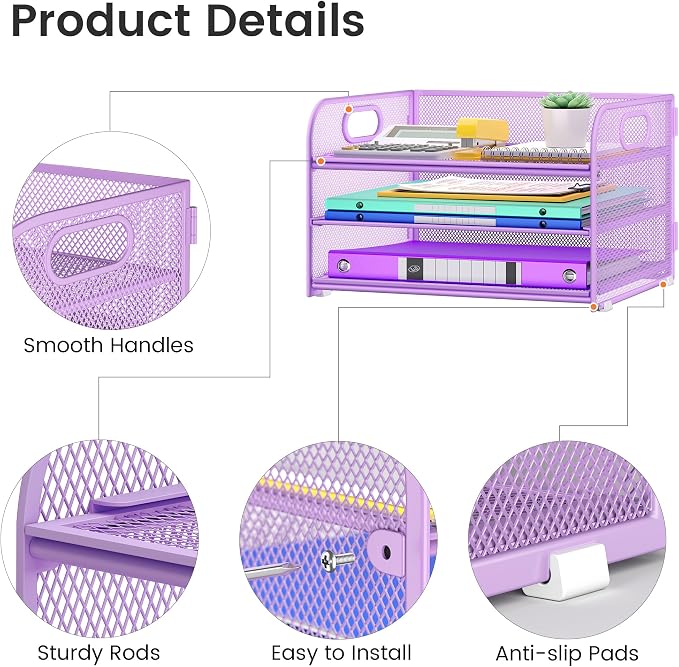 Cawukege 3 Tier Paper Organizer with Handle, Metal Desk Organizer Mesh Paper Letter Tray Desktop File Folder Document Sorter for Classroom, School, Office Accessories Storage (1, Purple)