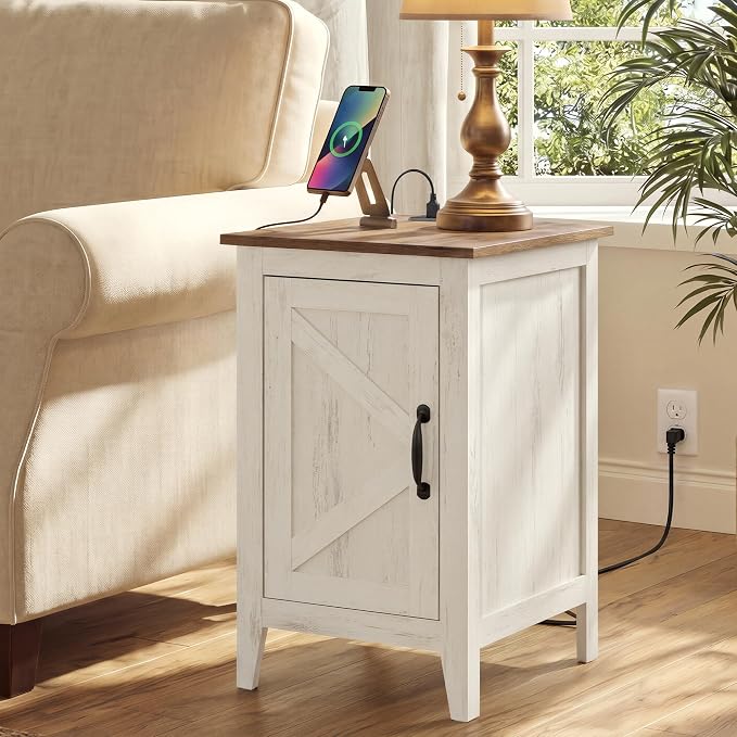 VASAGLE Side Table with Charging Station and Storage Cabinet, Nightstand | Farmhouse Narrow End Bedside Table for Living Room Bedroom Office, Rustic White and Honey Brown, LIRY Collection ULET131W101S