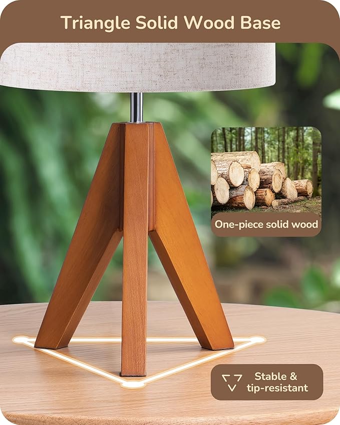 EDISHINE Tripod Table Lamp, Small Cute Bedside Lamp, 14.2 Inch, E26 Base | Light Brown Wooden Base, Linen Beige Lampshade, Nightstand Lamp for Nursery, Bedroom, Kid Room, Living Room