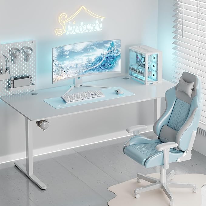 Shintenchi Standing Desk, 71x31 Inch Height Adjustable Electric Sit Stand up Desk, Ergonomic Rising Computer Table, Modern Lift Gaming Desk Workstation for Home Office, White