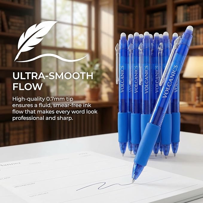Volcanics Retractable Clicker Erasable Gel Pens, Blue Ink, 0.7mm, 36 Pack