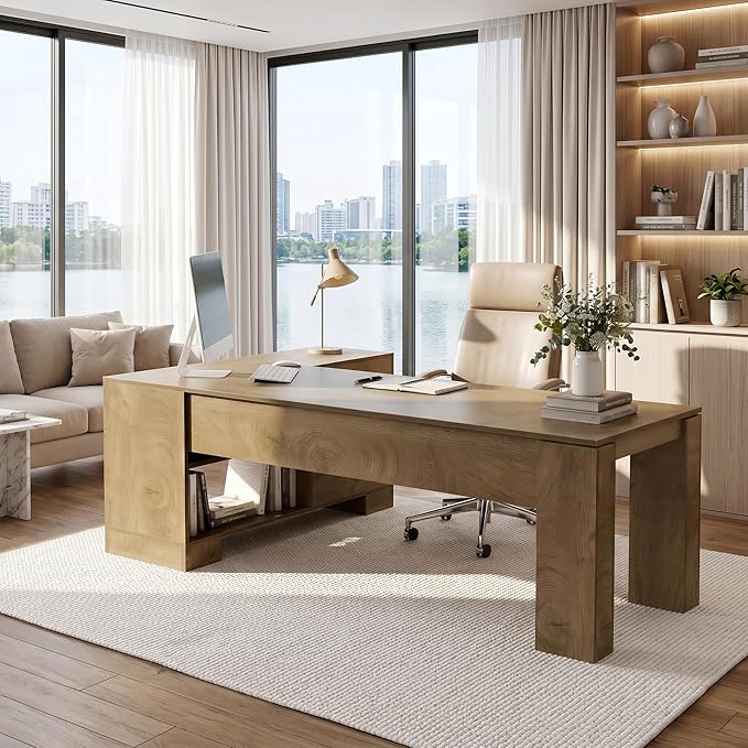 LITTLE TREE 78.7" L Shaped Office Desk with Drawers | Executive Computer Desk with Open Shelves Storage, Farmhouse Large Wooden L Desks Business Furniture, Brown