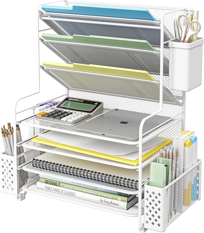Simple Trending 7 Tier Desk File Organizer, Letter Tray Paper Organizer with Pen Holder and Metal Hanging Basket, White