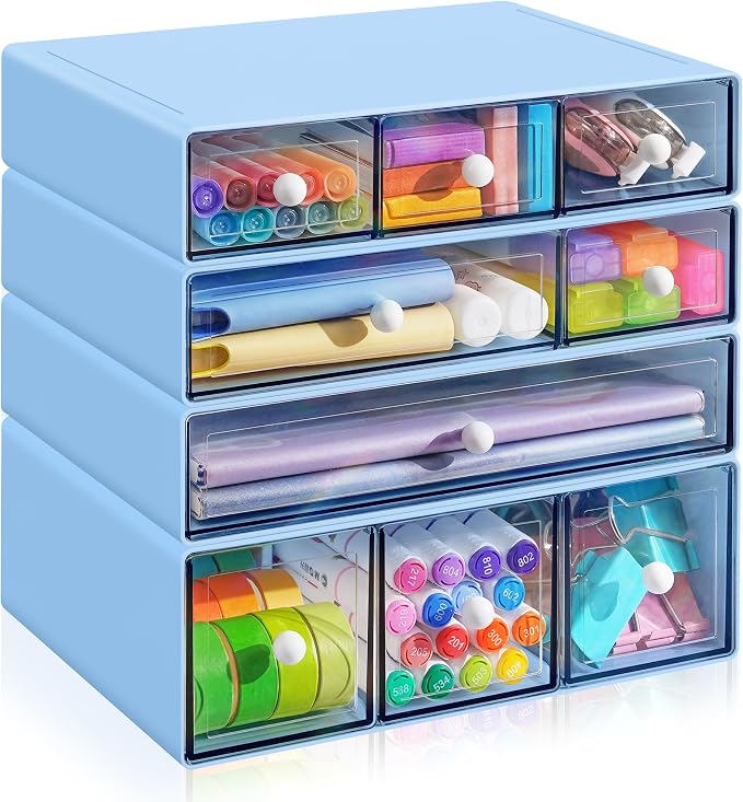 Desk Organizer with 9 Drawers, 4 Tiers Stackable Storage Drawers, Desktop Storage Box with Clear Drawers for Stationery, Makeup, Jewelry, Office and Craft Supplies (Blue)