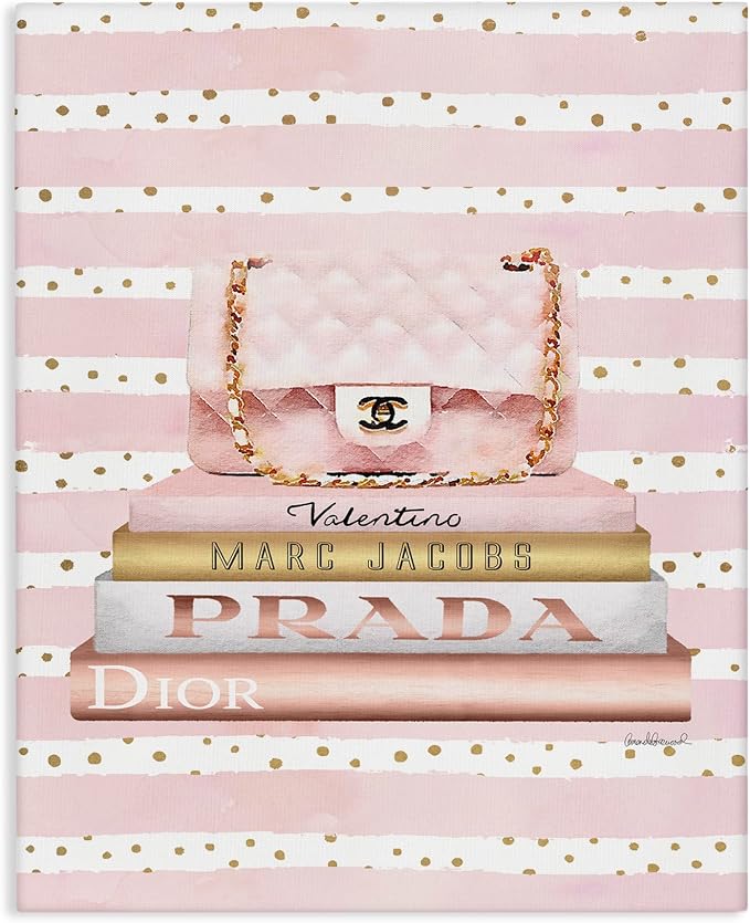 Stupell Industries 'Pink Purse Bookstack over Stripes'| Canvas Art | Stupell Industries | 30 x 40 Inches, Easy to Hang and Sturdy, Made in USA, by Amanda Greenwood