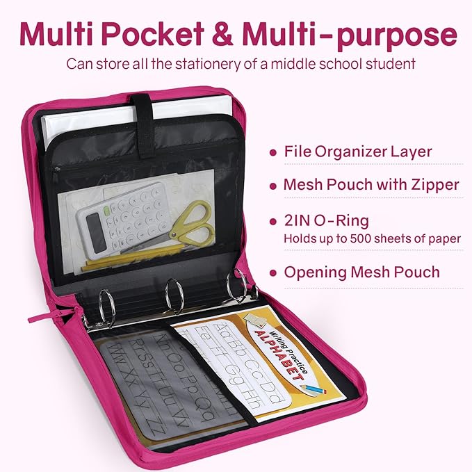 SUNEE Zippered Binder Bag with Handle, 2-Inch 3-Ring O-Ring, 500-Sheet Capacity, Includes Zip Pocket, 5-Tab Expanding File Folder, Multi-Pocket Organizer Binder for Middle School, Berry Pink
