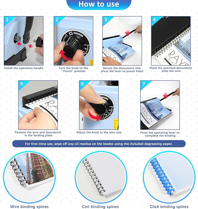 RAYSON TD-132 3:1 Wire Binding Machine, 12-Sheet Punch, 120-Sheet Capacity | 32-hole Letter-size punching with 2.5, 3.5, and 4.5 mm margins; binding capacity varies by margin and paper thickness.